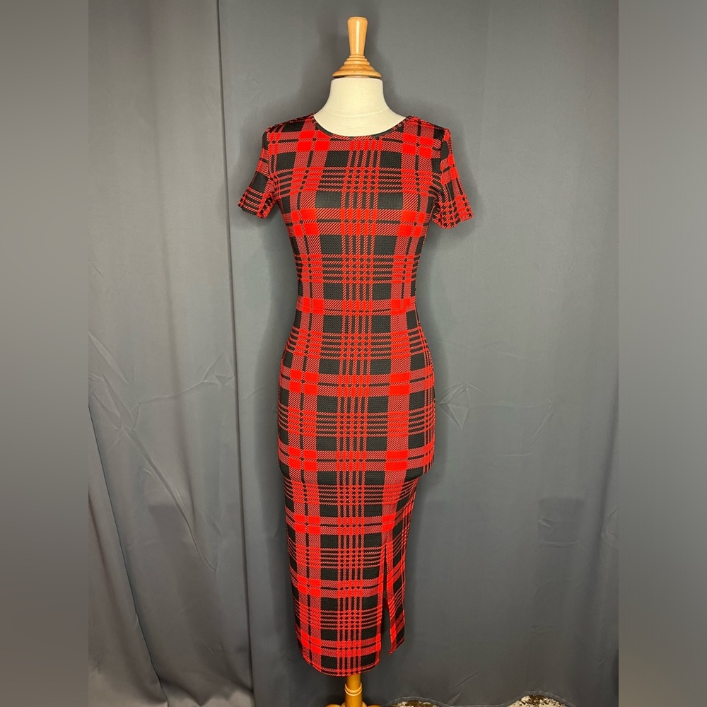 SHEIN plaid slip body-con dress with slit.